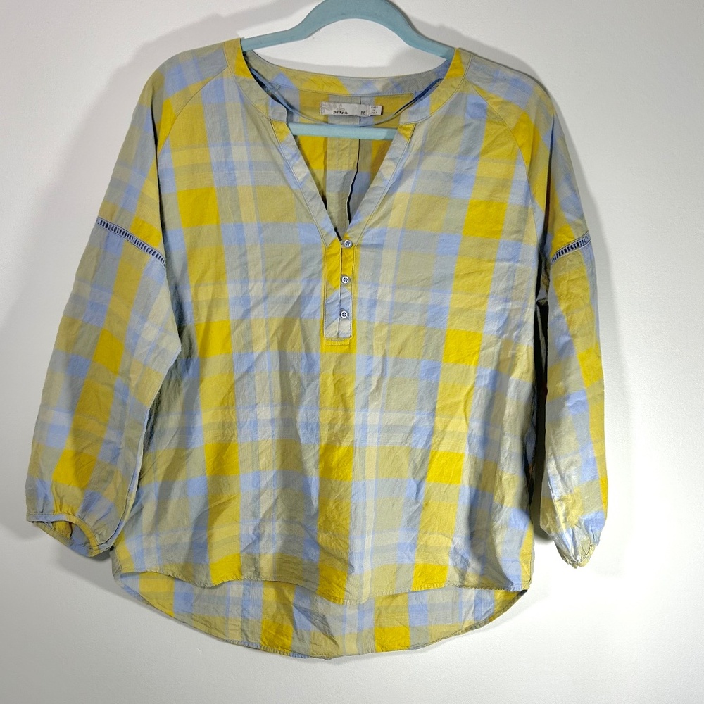 prAna Elena Popover Top Size Medium Light Blue/Yellow